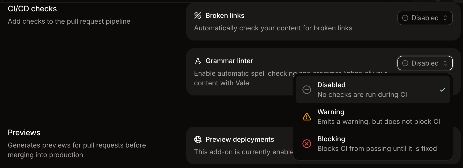 Mintlify's Add-ons settings, showing the Grammar linter check set to Disabled, Warning, or Blocking