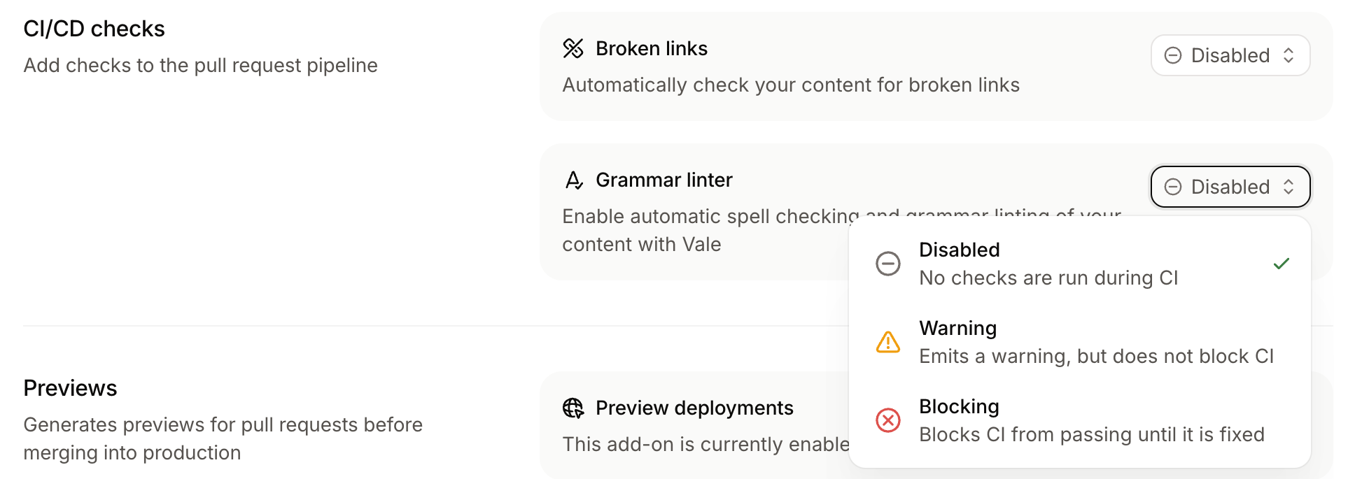 Mintlify's Add-ons settings, showing the Grammar linter check set to Disabled, Warning, or Blocking